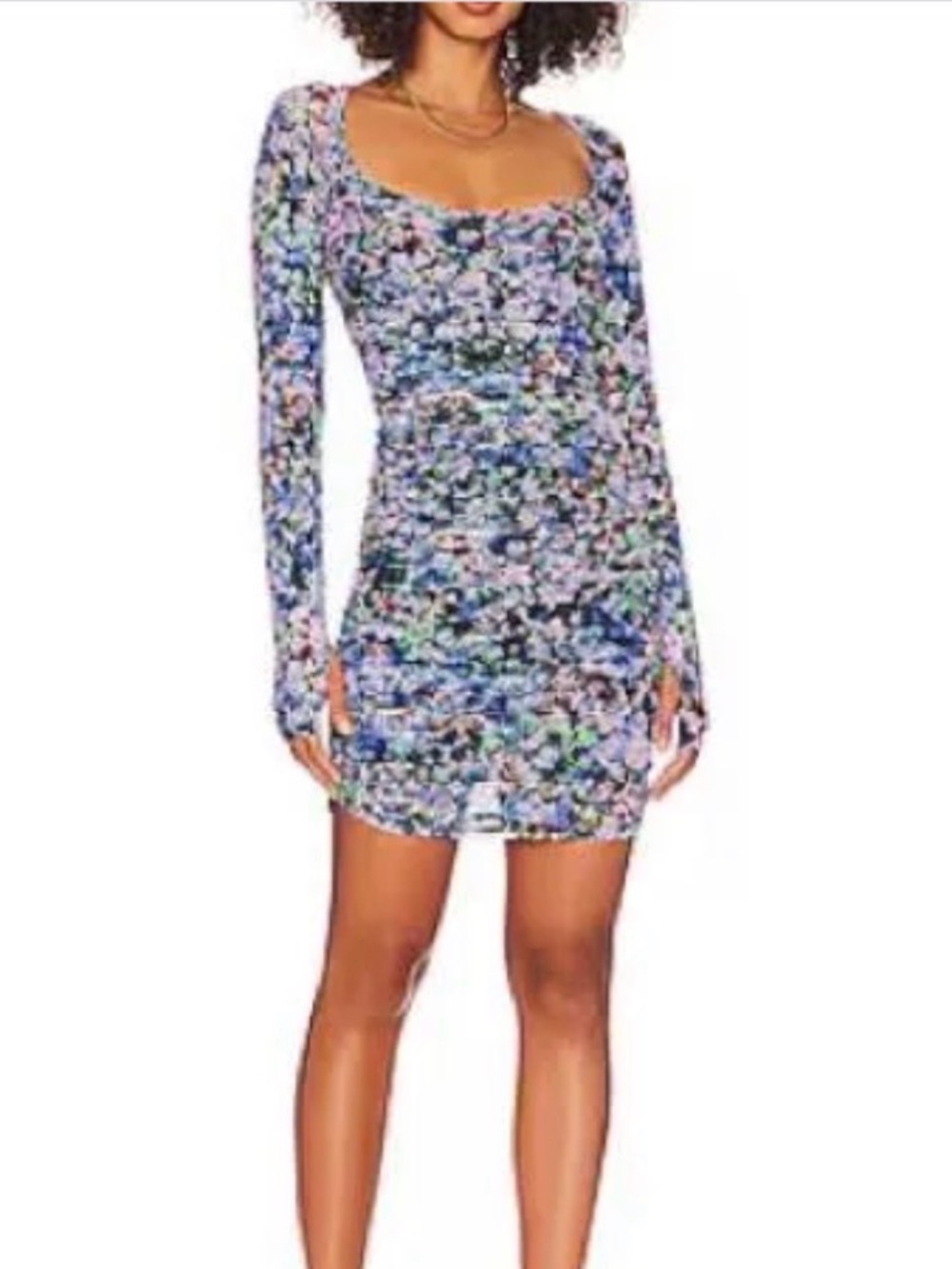 New AFRM M blue wildflower sheer long glove sleeve stretch ruched midi dress